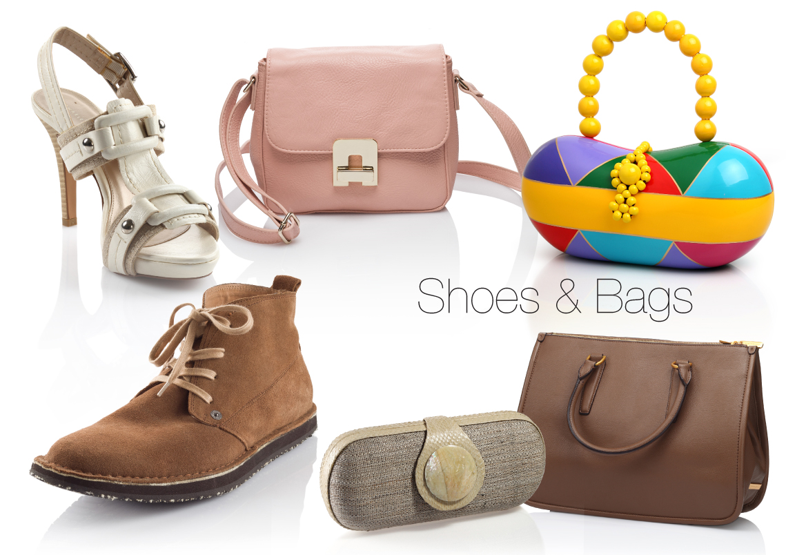 product photography of bags and shoes on white background